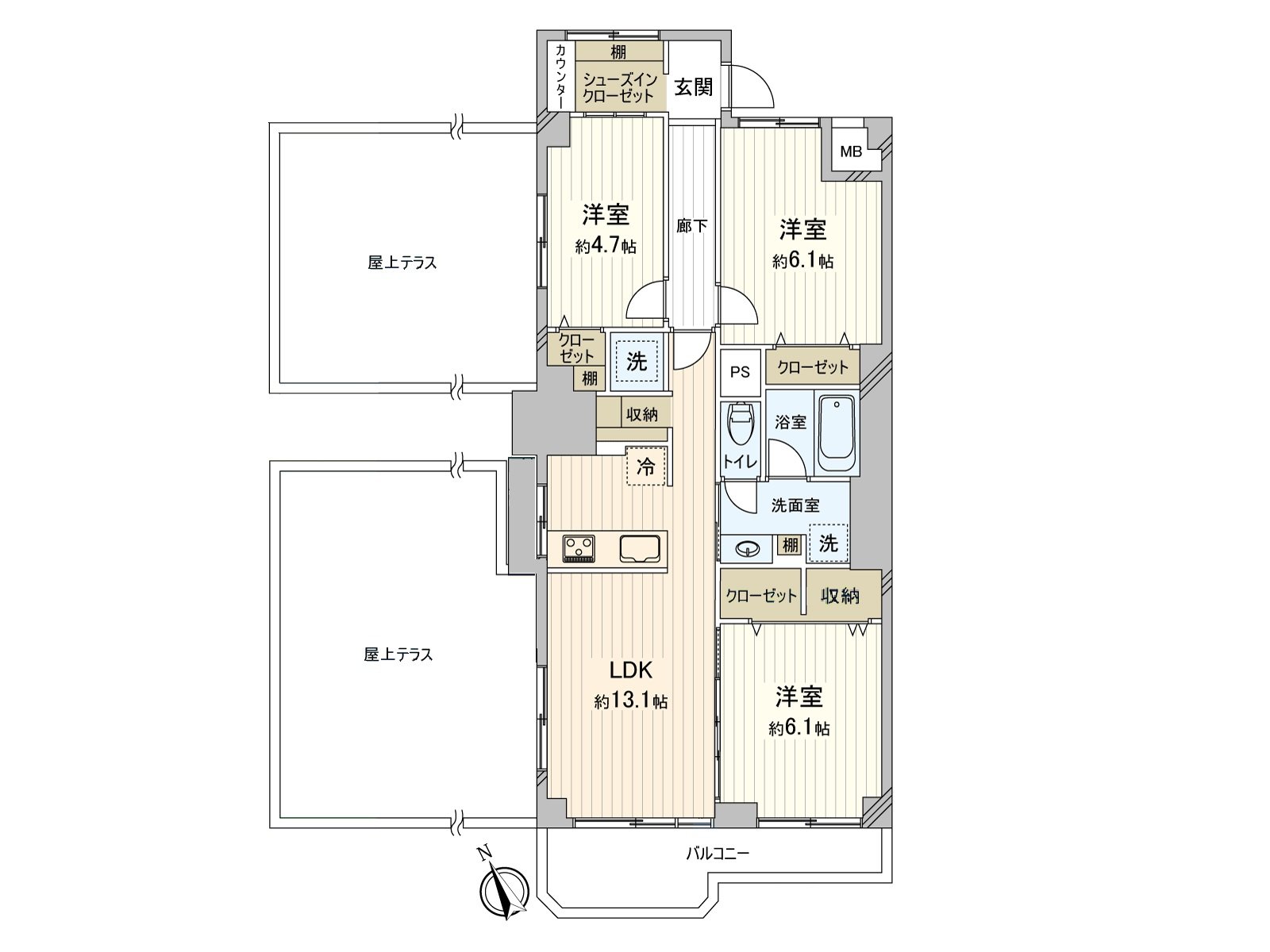 [平面圖]私人使用面積：76.49平方公尺(約23.13坪)/房型：3LDK