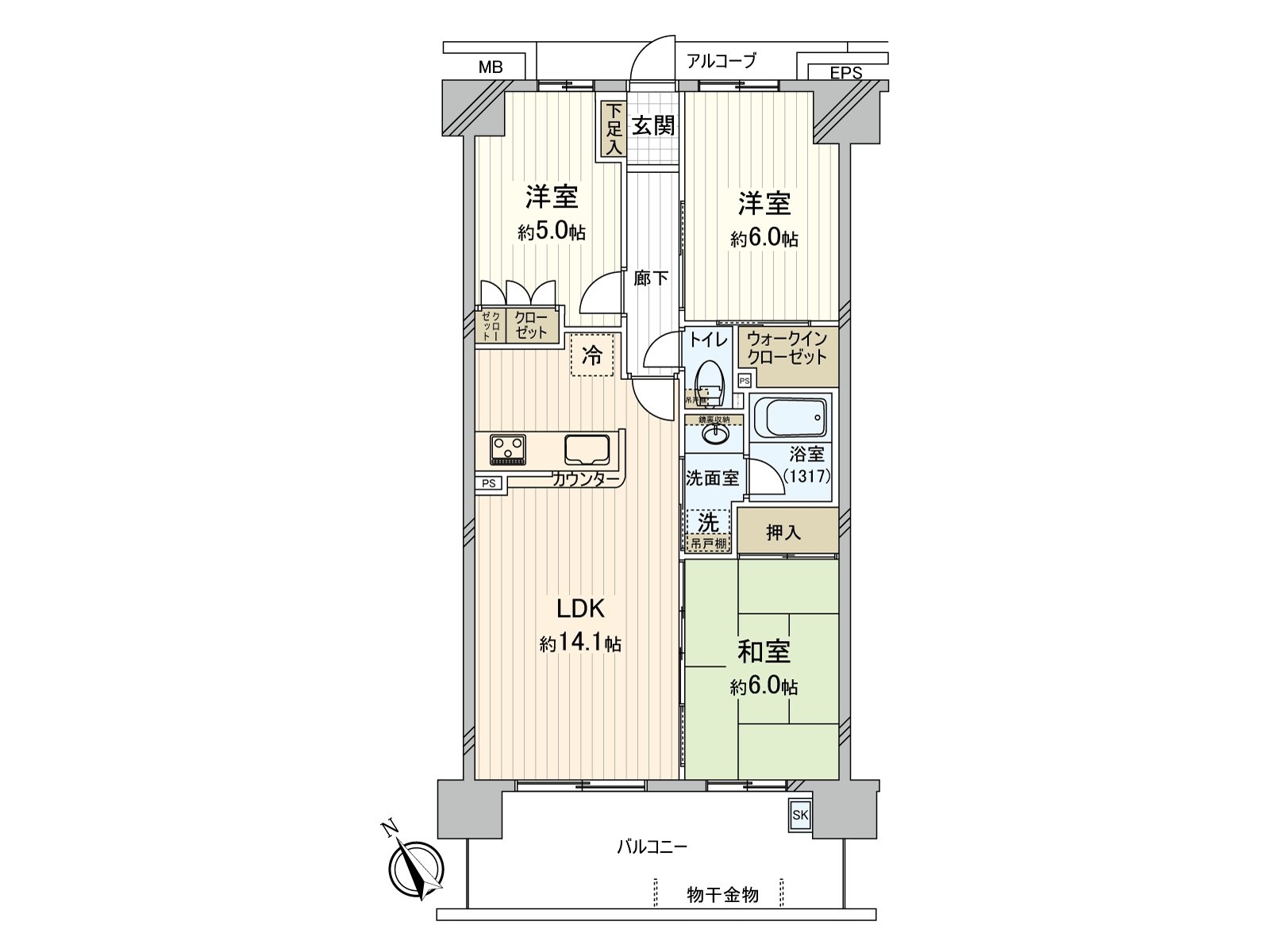 LDK、约6.0张塌塌米的日式房间面向南西阳台的"3LDK。"收纳被在室内到处设立，能把住空間有效地用于WIC或者壁橱。