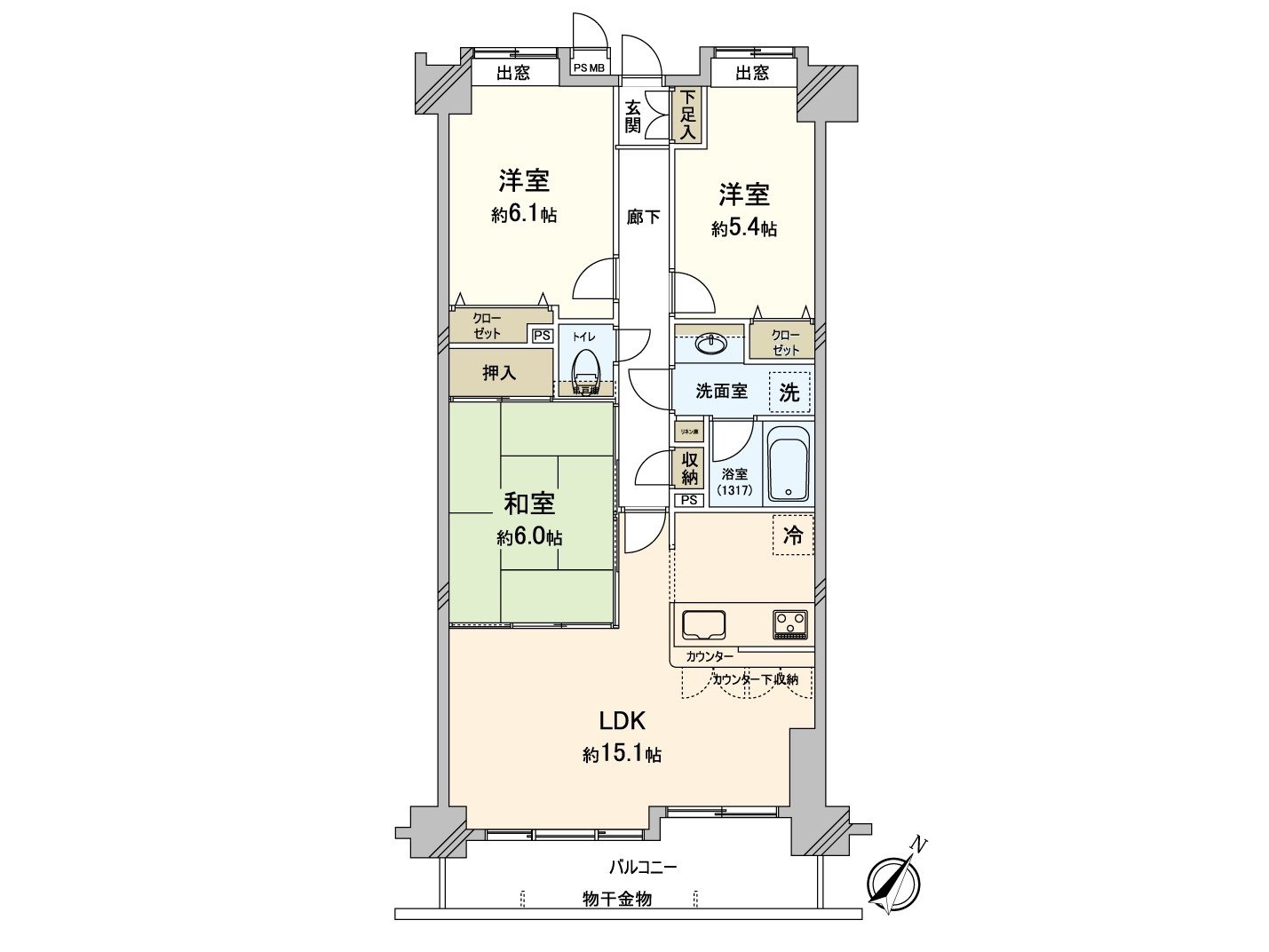 LDK，能使用的日式房间到底邻接。约超过21张塌塌米面积可以使用。在全居室从属于存储空间，并且收纳也被在走廊或者洗脸室备有住空間感觉清醒和能保持的家。