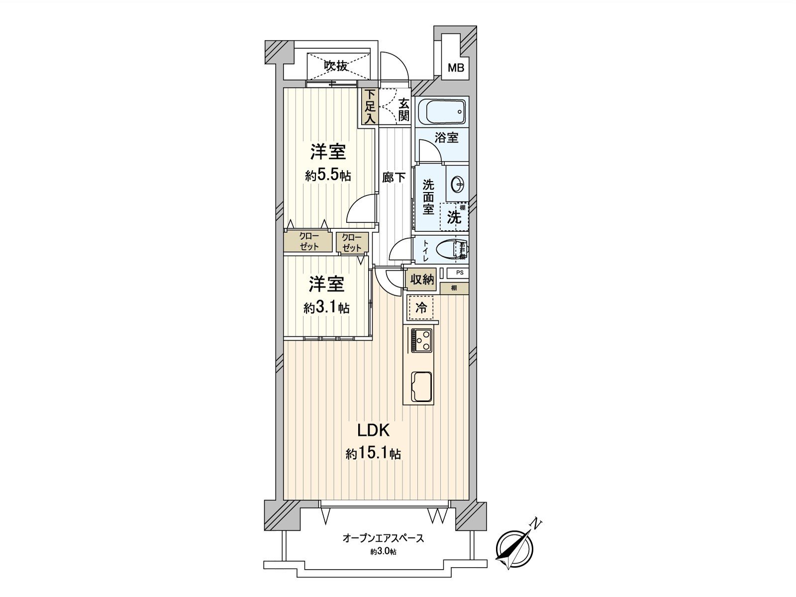[房型图]实际使用面积：53.75平米(约16.25坪)/房型：2LDK
