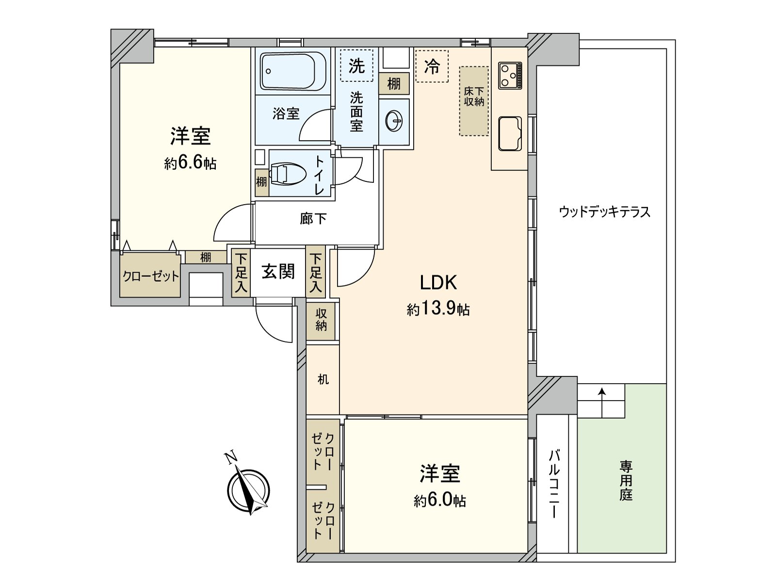 超过6.0张塌塌米全居室的面积被确保的"2LDK"的家。存储空间被在全居室设立。因为木露台露台有专用院子所以好像能随便享受孩子和水上游戏或者家庭菜园。