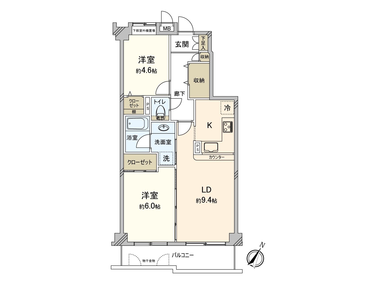 A house of 2LDK where Southeast Orientation Terrace was established. There is wide storage space in the corridor and can store the big thing, too.