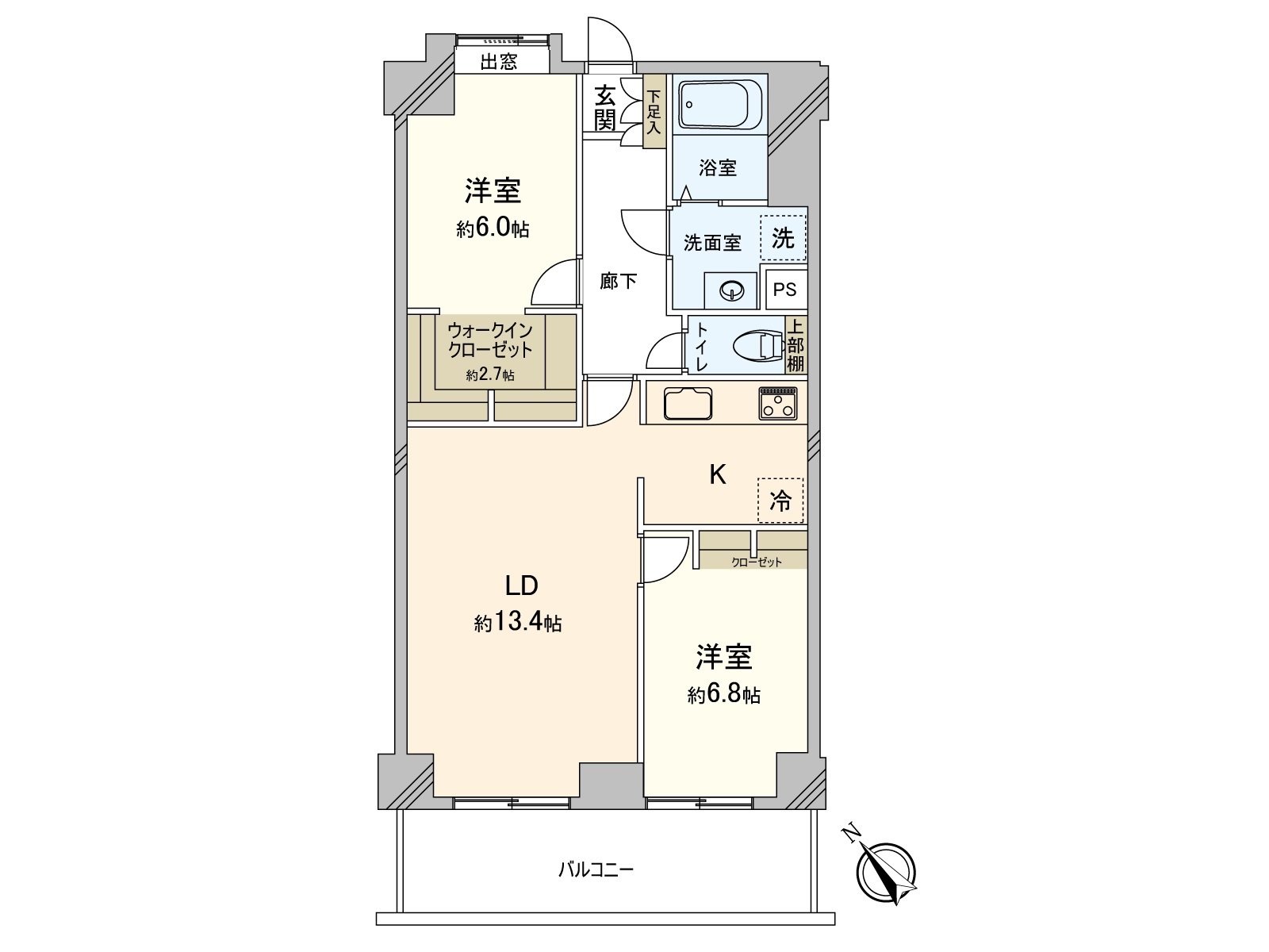 [平面圖]私人使用面積：71.76平方公尺(約21.70坪)/房型：2LDK