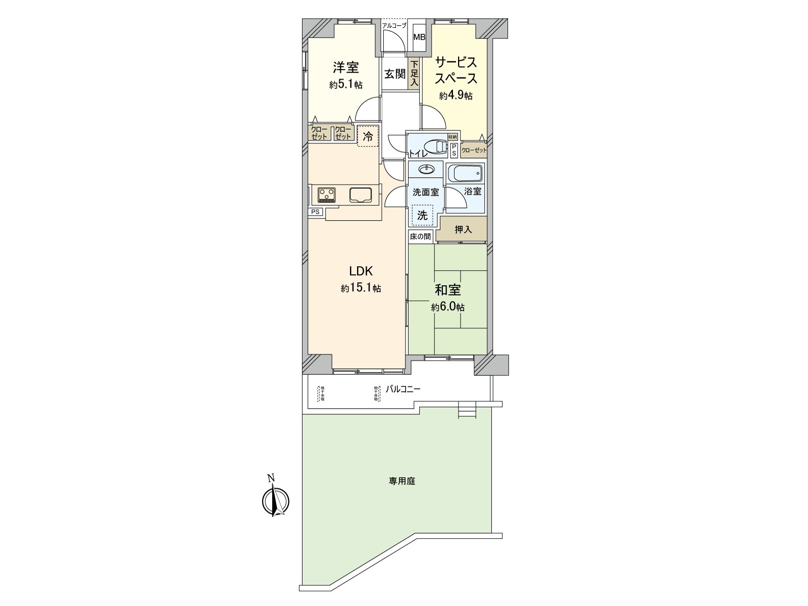 A house of "2SLDK" with the exclusive garden of the Facing South. As a washing face room is near a kitchen, I can push forward washing and cleaning between dishes, and a housework line of flow is smooth.