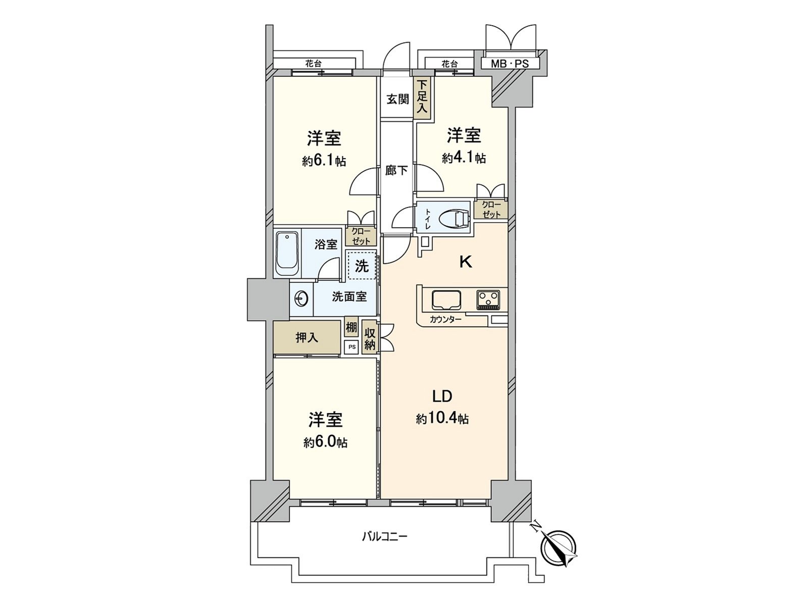 [平面圖]私人使用面積：63.44平方公尺(約19.19坪)/房型：3LDK