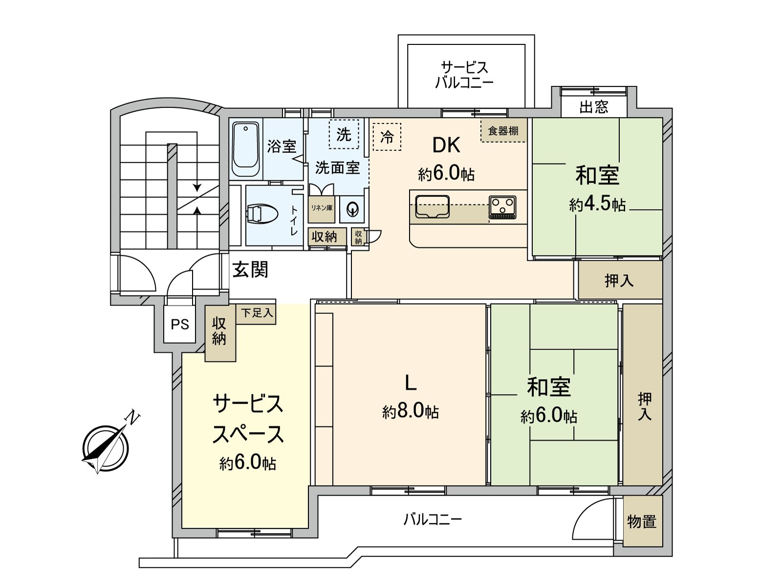 客廳、約6.0張塌塌米和式房間、非居室面向適合東南的陽台。在陽光灌的亮的空間，能渡過家族團聚的時間。毛巾收納處以及壁櫥，庫房到處具有存儲空間。