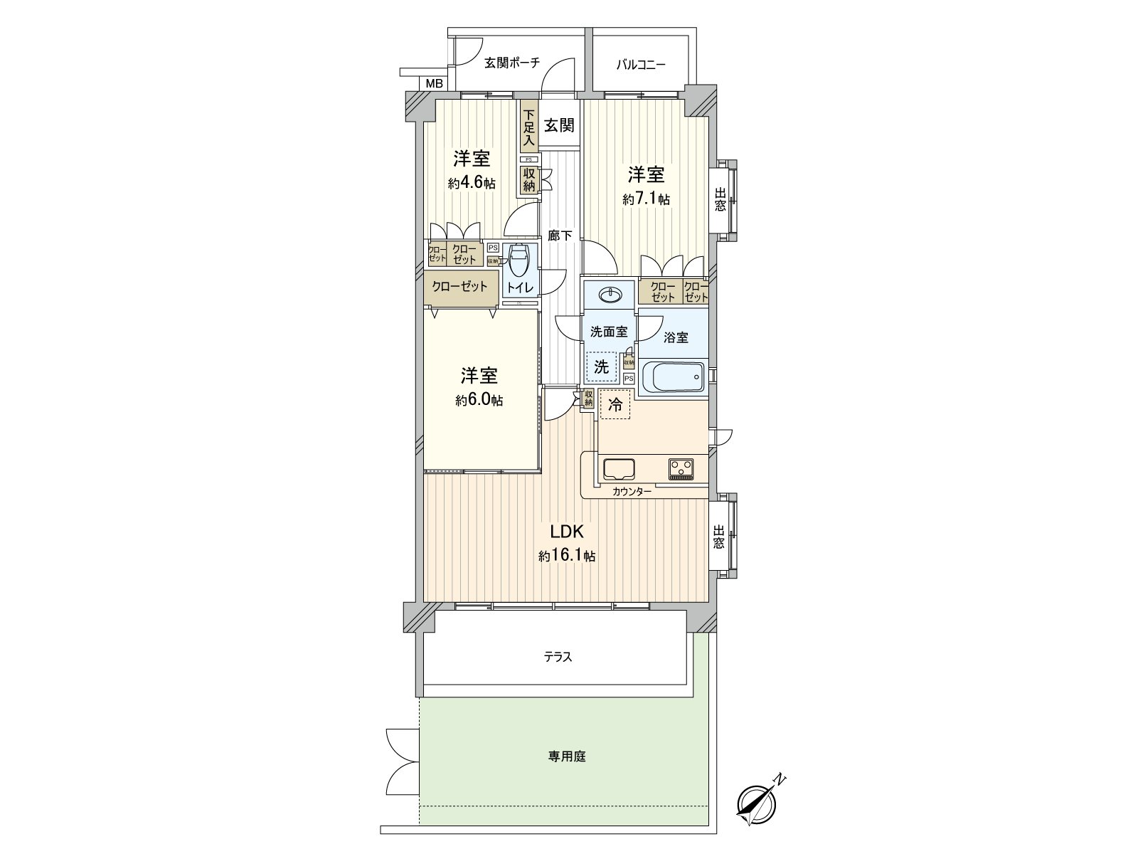 作為陽光良好度的採光房。是適合適合東南的Terrace、專用院子，西北的有陽台。在門口門的外面，門被設定，難以看得見室內，隱私被保護不受共用走廊侵害。