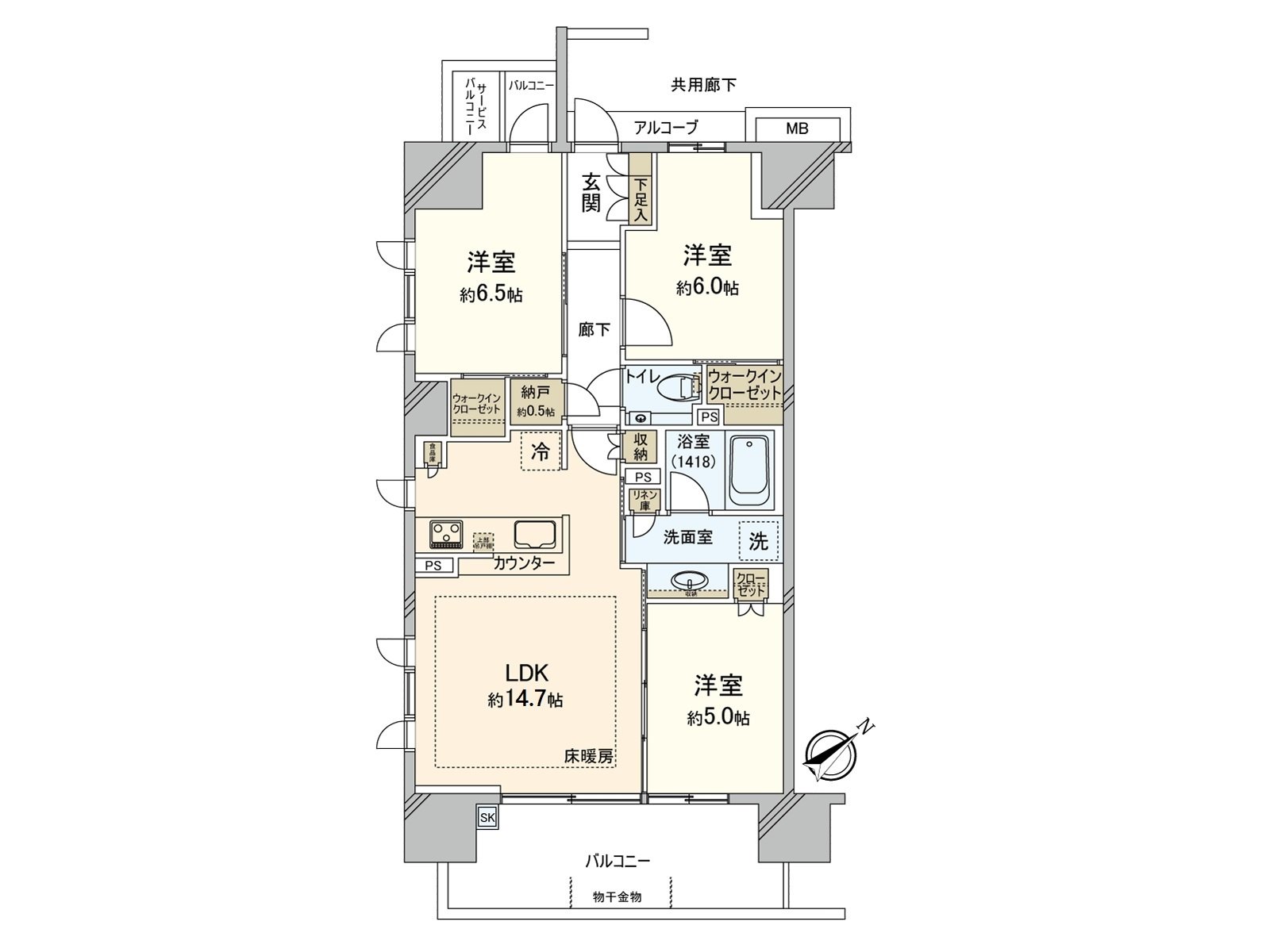 RC造，地上14層的Mansion的9樓部分。是有開放感覺的兩面有陽台採光房。水周圍被匯集的家務有進展的版面設計。廚房和洗臉室的流跡線良好，并且可以洗滌的和菜同時進行。