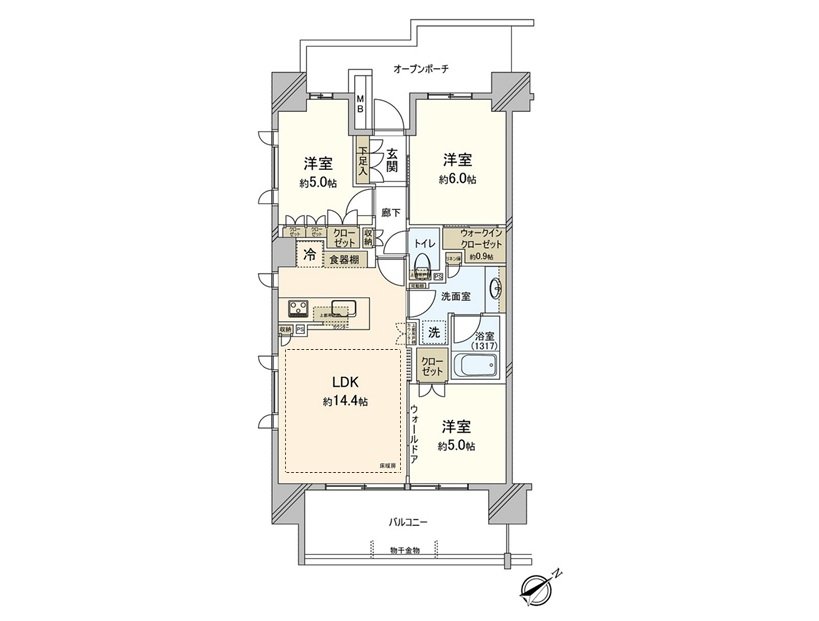 The abundant storing including the walk-in closet includes it. I can secure house space widely. I can go in and out of Terrace from one place of LDK and the Western-style room of about 5.0 quires of Southeast side.
