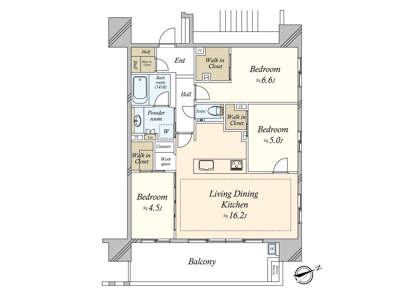 LDK about 16.2 quires are available for the use with the adjacent Western-style room of one. Plan with high storing power that three places, SIC possessed WIC. When I wash shoes, Terrace possesses convenient slop sink.