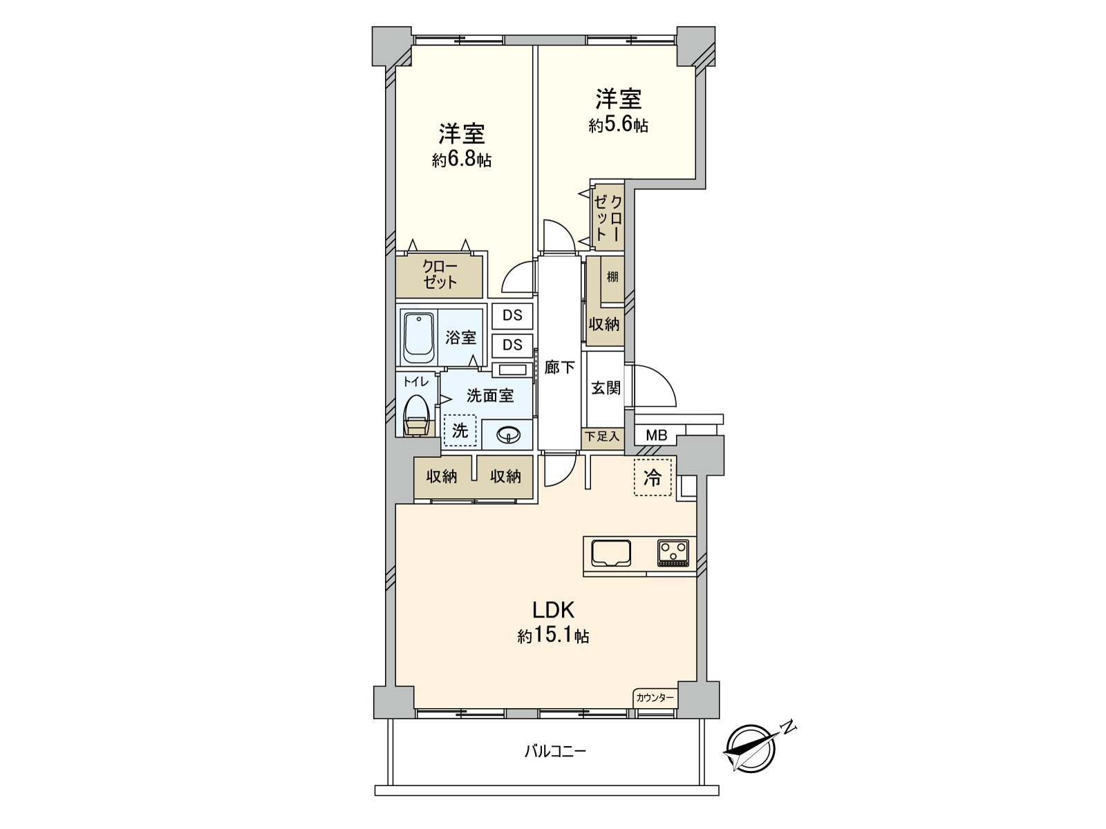 約15.1張塌塌米LDK面向適合東南的陽台，是熱的光明亮地插進去的空間。存儲空間被全居室具有，在寬敞的住空間可以度過。