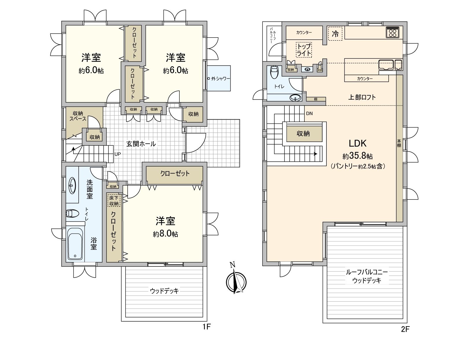 在斜面天花板的LDK，有閣樓。有能進出閣樓的風景良好的屋頂陽台。正門大廳以及洗臉室用赤土陶器鋪設有地板暖氣。