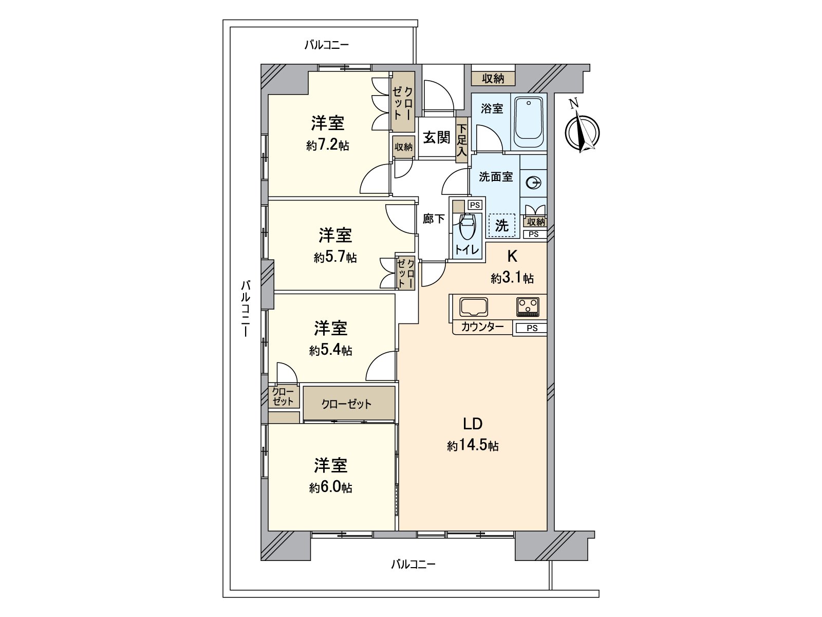 [房型图]实际使用面积95平米(约28.73坪)的4LDK