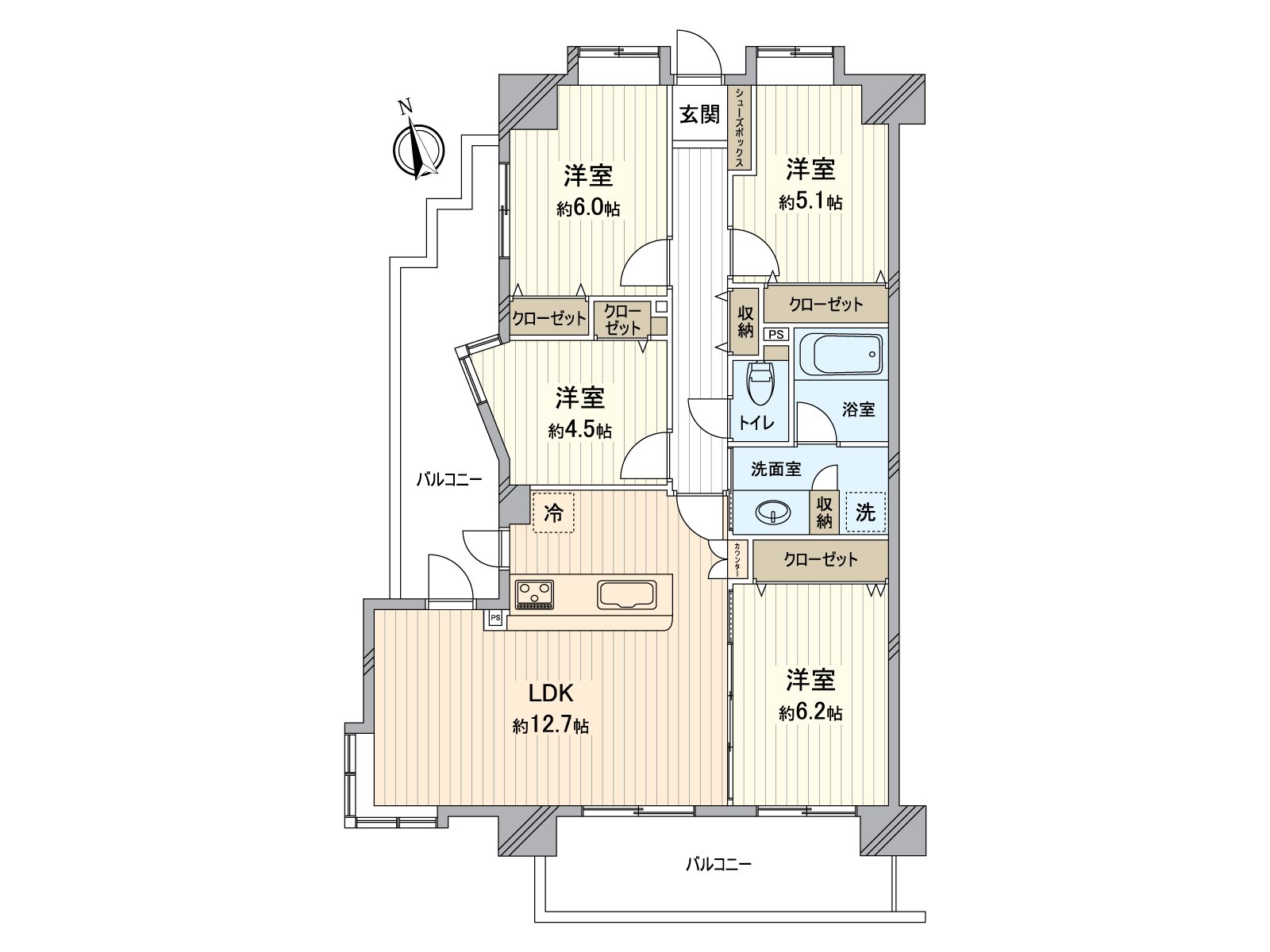 [房型图]实际使用面积84.33平米(约25.5坪)的4LDK