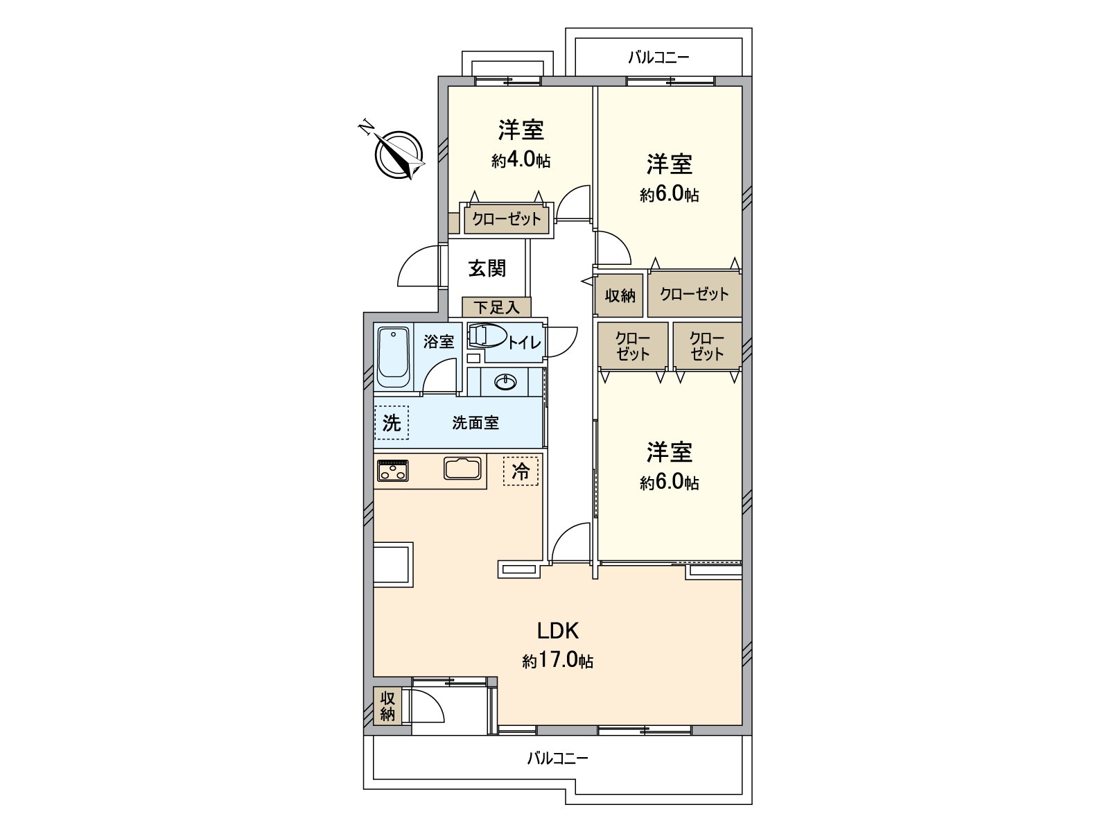 [房型图]实际使用面积83.88平米(约25.37坪)的3LDK