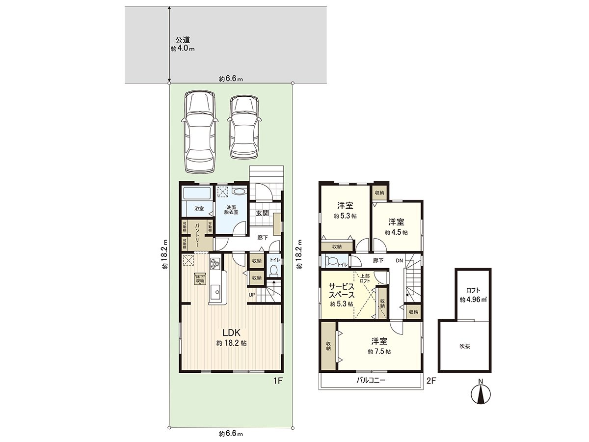Land area: 121.74 square meters (36.82 tsubo), Total floor area: 105.98 square meters (32.05 tsubo), Plan: 3SLDK+ loft