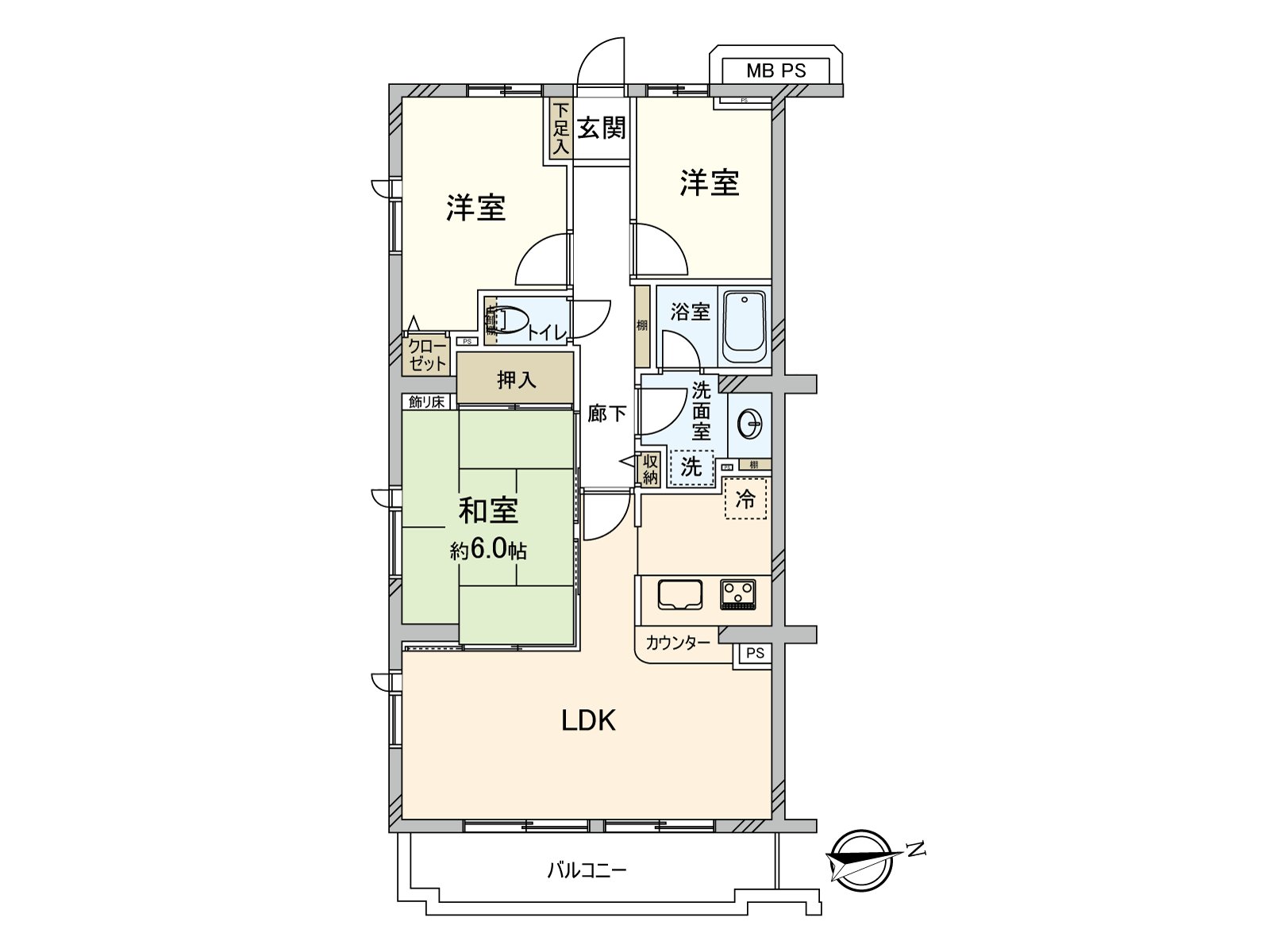 是私人使用面積63.55平方公尺，3LDK的翻新Mansion。