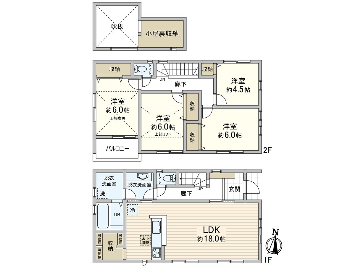 LDK舒适地是约18.0张塌塌米。2F西式房间上部是楼梯井，并且开放感觉良好