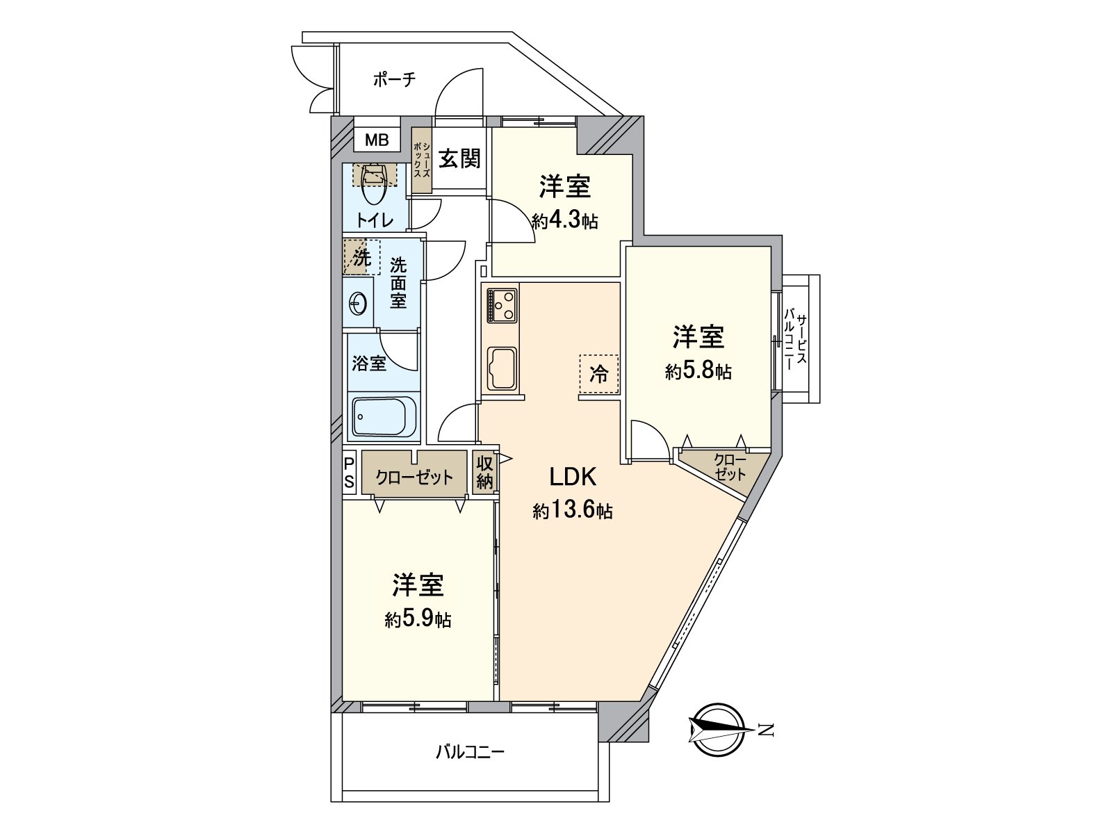 有3LDK，65.34平方公尺的舒適的房型