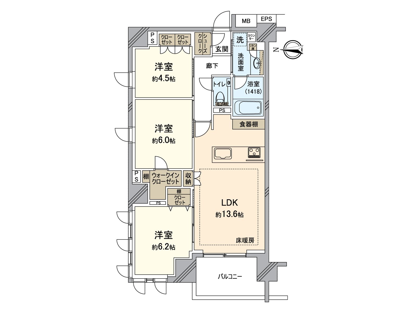 3LDK of exclusive area 71.10 square meters