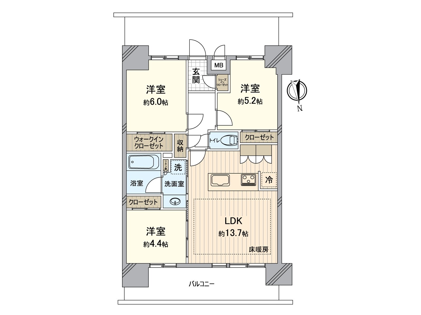 3LDK of exclusive area 66.15 square meters