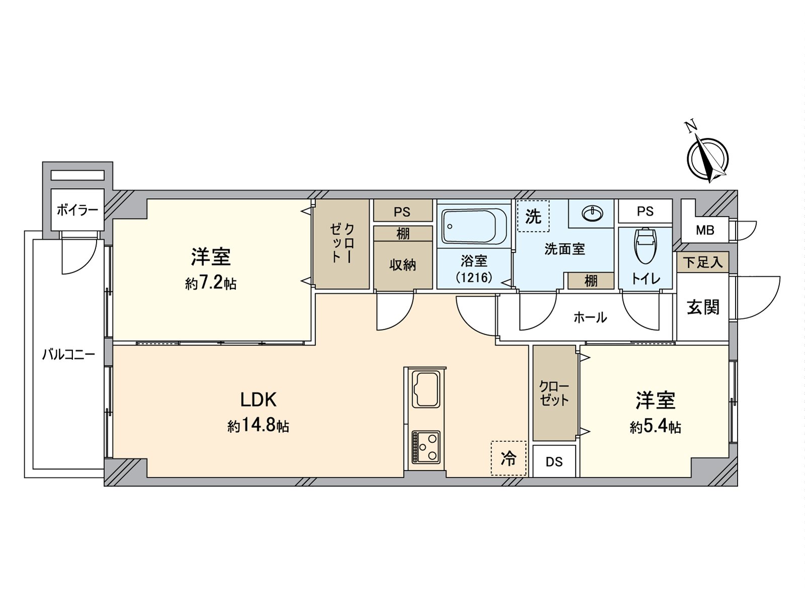 2LDK of 60.3 square meters of exclusive area