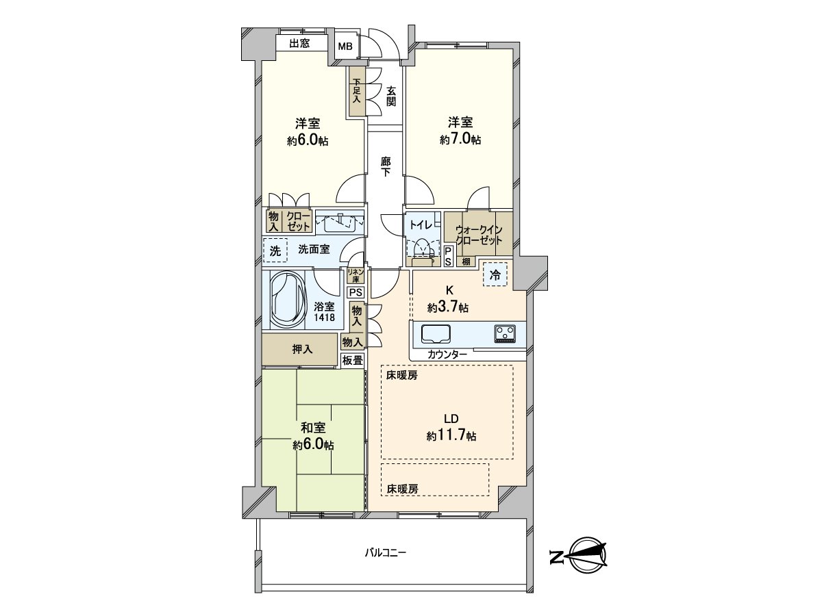 [戶型平面圖]私人使用面積約76.27平方公尺的3LDK。在7張塌塌米西式房間，大容量的嵌入式衣櫃有