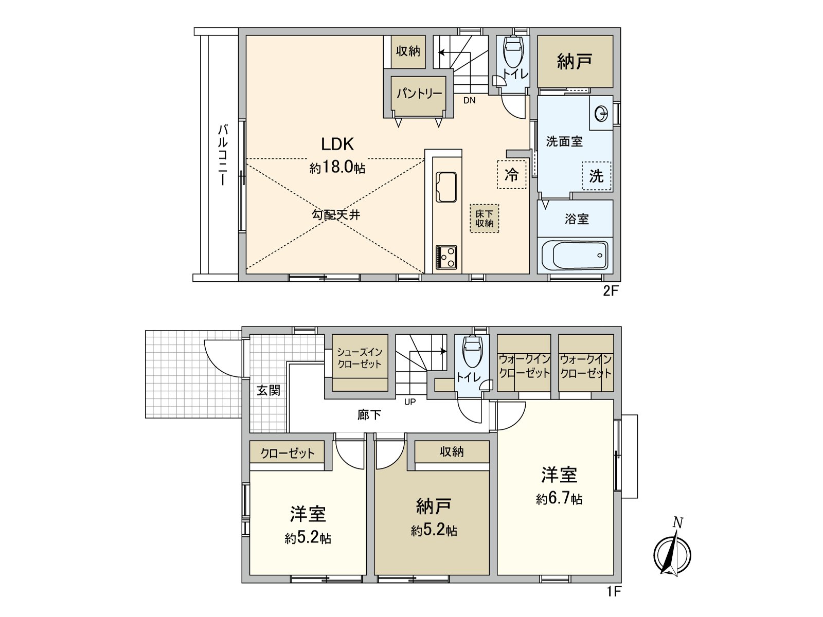 A design of the 2nd floor living that the ventilation per positive is good, and is easy to secure privacy. It is Plan of 2SLDK+2WIC where storage space has abundantly.