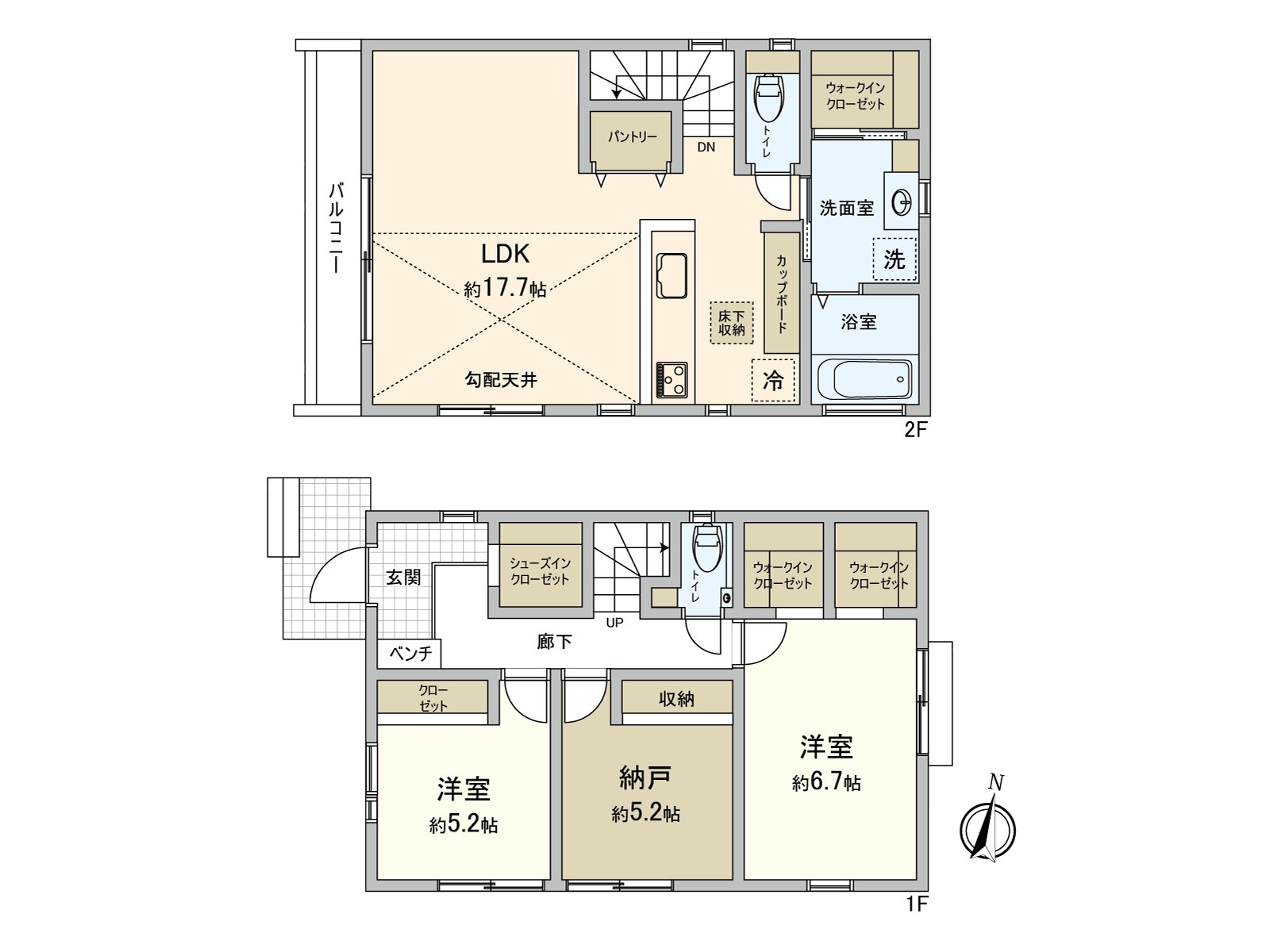 A design of the 2nd floor living that the ventilation per positive is good, and is easy to secure privacy. I can maintain house space in storing-rich Plan of 2SLDK+3WIC clearly.