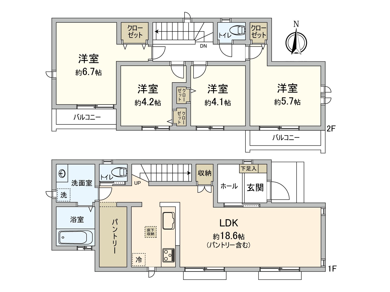 Plan of the 4LDK+ pantry. Exposure to the sun is good in Facing South. The living stairs which are created if abundant storage space, conversation are natural are attractive.
