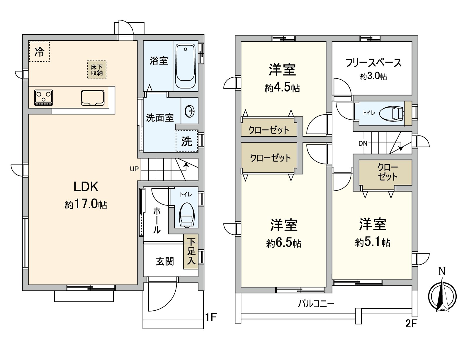 3SLDK的房型　※S是储藏室。用2面采光明亮地是有开放感觉的住空間。用工作区，爱好等的各种各样的用途可以灵活使用储藏室。