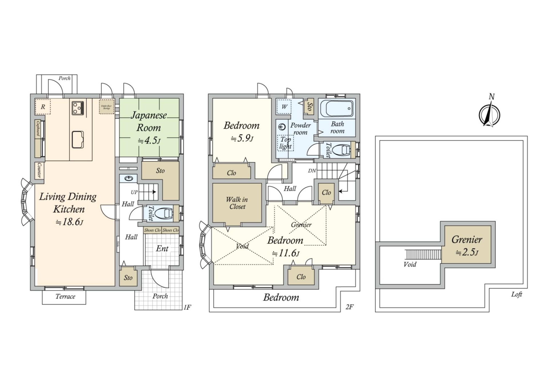 客餐廳部分為地板暖氣被搭載冬天好像能溫暖地渡過。2樓南側西式房間部分在樓梯井有開放感覺。