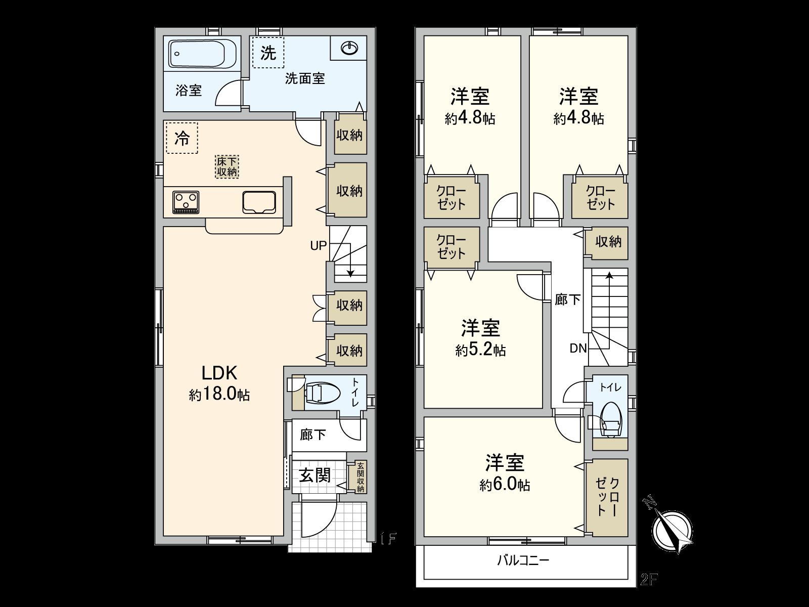 Land area 142.63 square meters (about 43.14 tsubo) ･ Total floor area 95.58 square meters (about 28.91 tsubo) ･ 4LDK type. Abundant storage space includes floor lower storing ･ all rooms storing.