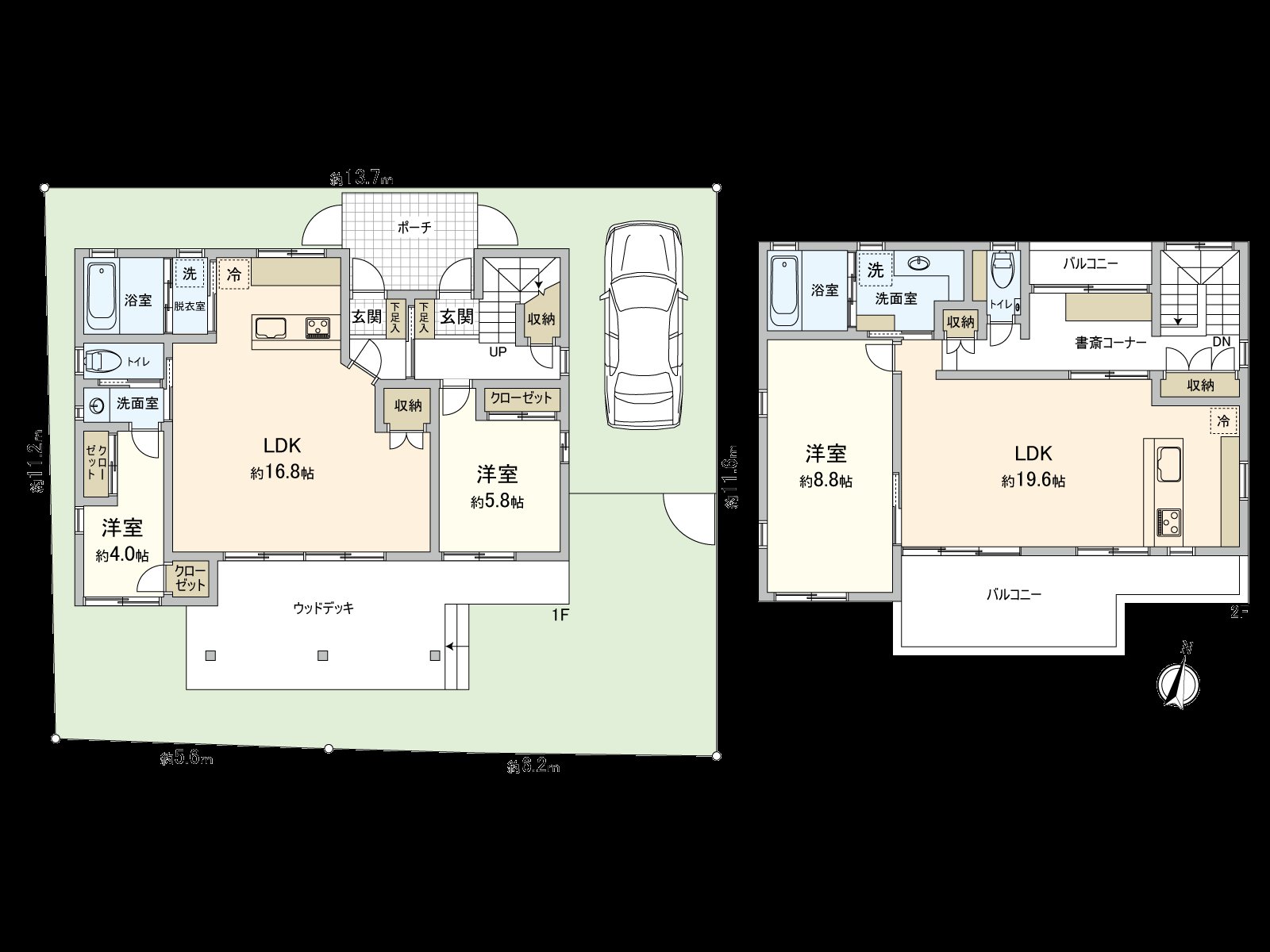 建築面積124.74平方公尺(約37.73坪)，1LDK+2SLDK的二世帯住宅。