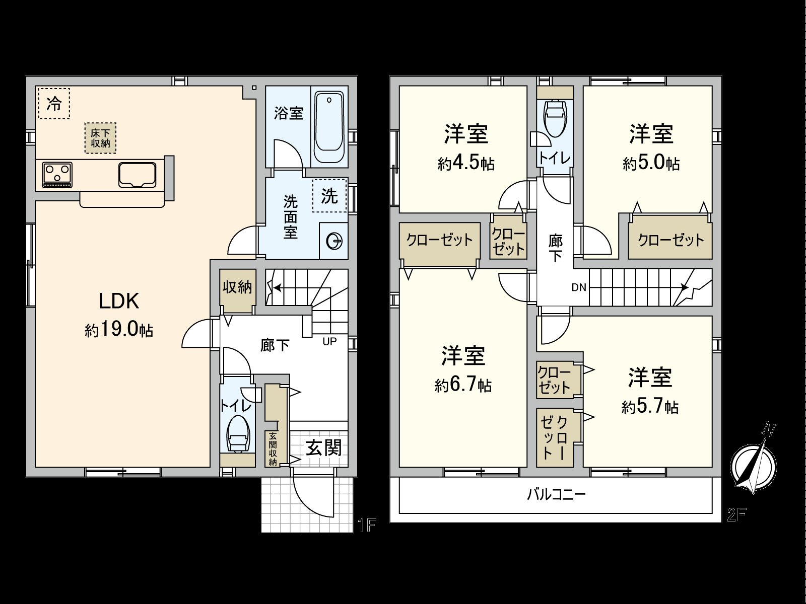 建築面積96.38平方公尺(約29.15坪)的4LDK型。寬敞的約19張塌塌米LDK和與家族的會話興奮起來的開放式廚房(附帶3份爐子)