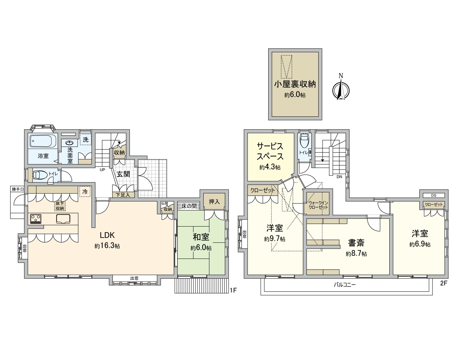 129.58 square meters of Total floor area (about 39.19 tsubo), Plan of 4SLDK. Storage space such as a walk-in closet, the back of the hut storing is abundant. The LDK part has floor heating and warms the whole room from the step.