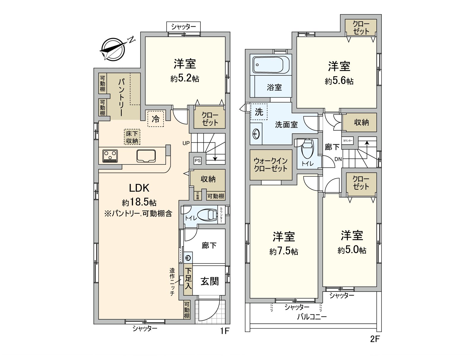 4LDK+餐具室+WIC的房型。存储空间丰富，并且能和感觉清醒保持住空間。主卧室是有舒适的约7.5张塌塌米面积。