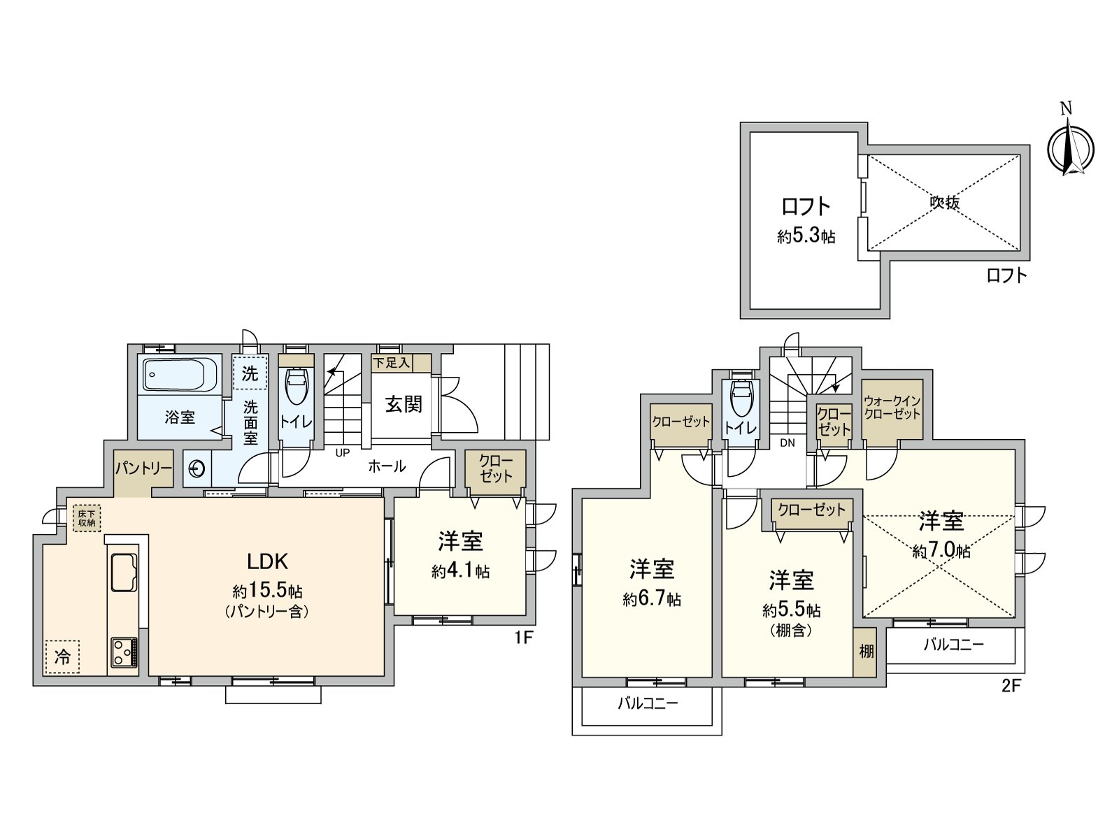 Plan of 4LDK. Exposure to the sun is good because of Facing South. The storage space such as WIC ･ lofts is abundant and can maintain house space clearly.