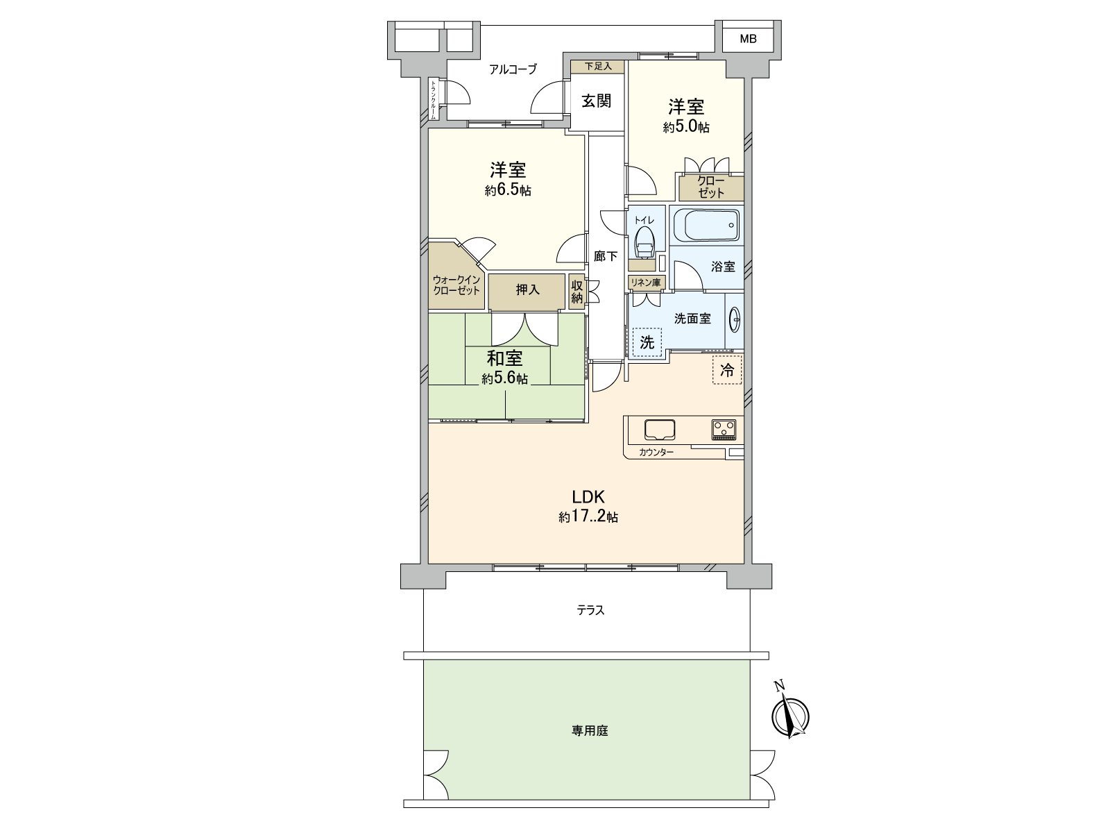 Plan of the 3LDK. Storage space such as WIC is abundant and can maintain the room clearly. You can enjoy a private vegetable garden and gardening because you are belonging to 29.40 square meters of exclusive gardens. It is Pets allowed (there is detailed regulations).