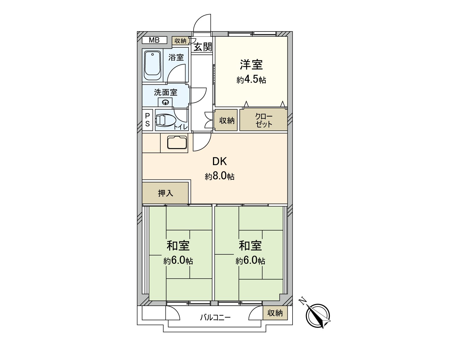 实际使用面积56.85平米，3DK的房型。阳光关于南西良好。不在意楼下，能渡过的安心的1階住戸。