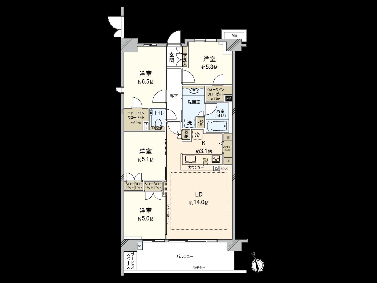 是私人使用面積86.30平方公尺，4LDK，隱私被保持的採光房。陽光在有舒適的南向曝光面陽台良好。