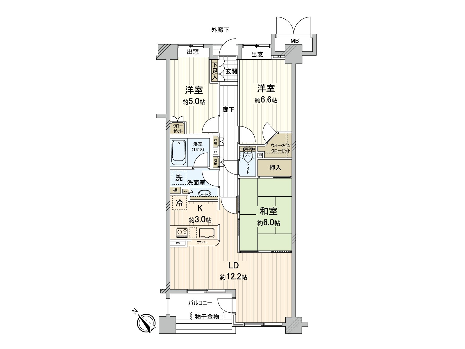 实际使用面积72.29平米的3LDK。是关于南西作为阳光良好度的房间