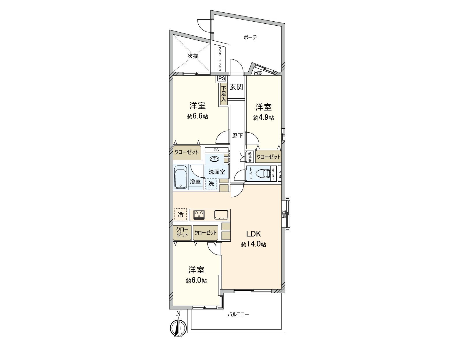 3LDK of exclusive area 72.03 square meters. The entrance porch ･ each room of about 7 square meters has storing