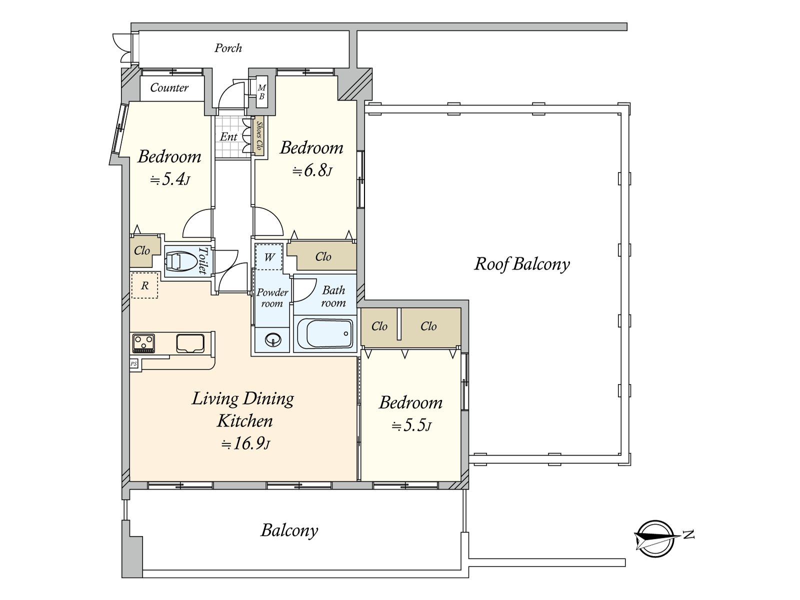 75.51 square meters of exclusive area, Plan of 3LDK. Roof balcony 47.88 square meters in area (monthly basis 960 yen)