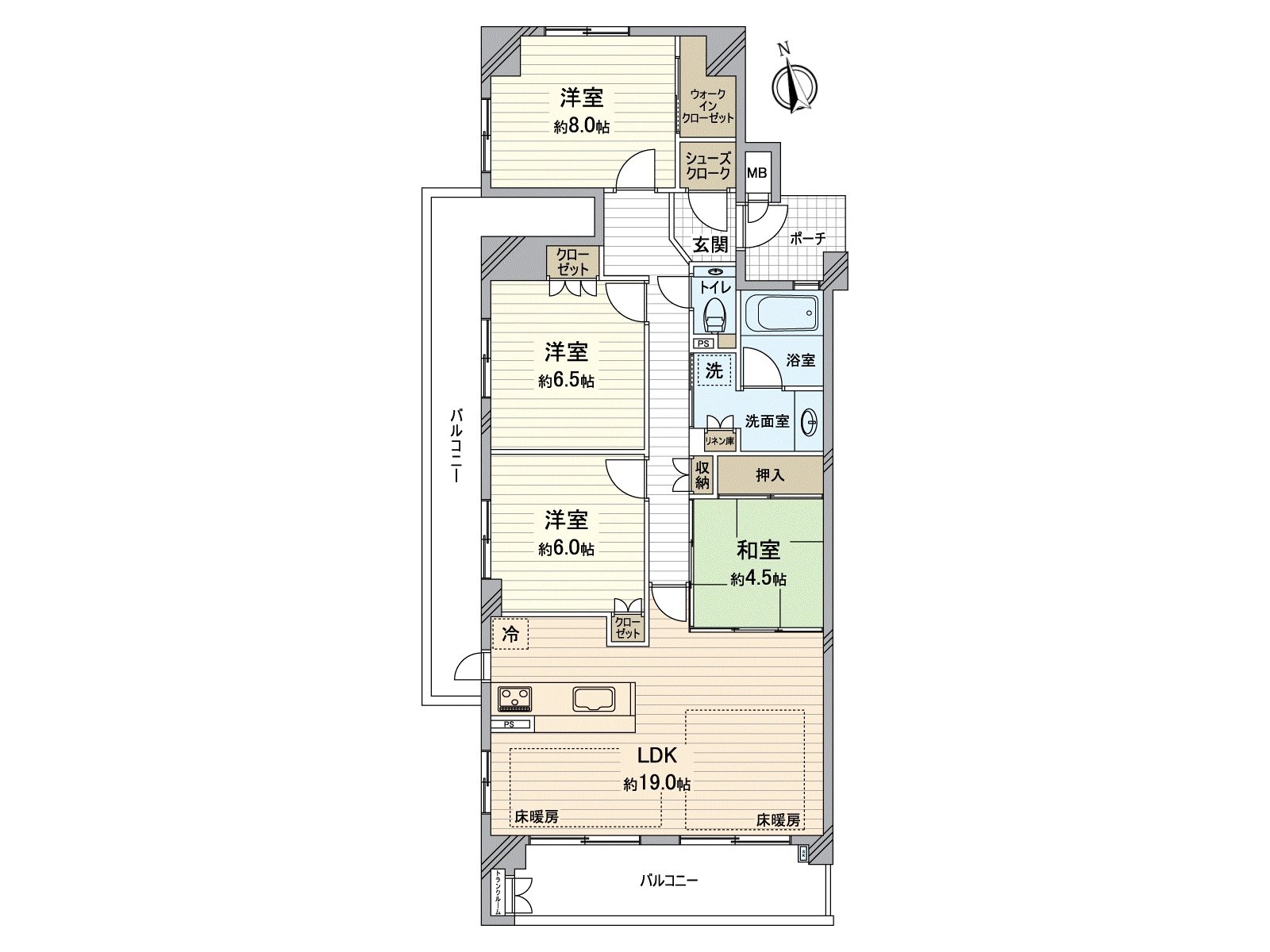 ○　关于实际使用面积104.77平米，4LDK的房型○西南边角房，有阳光、约19.0张塌塌米通风良好度○LDK