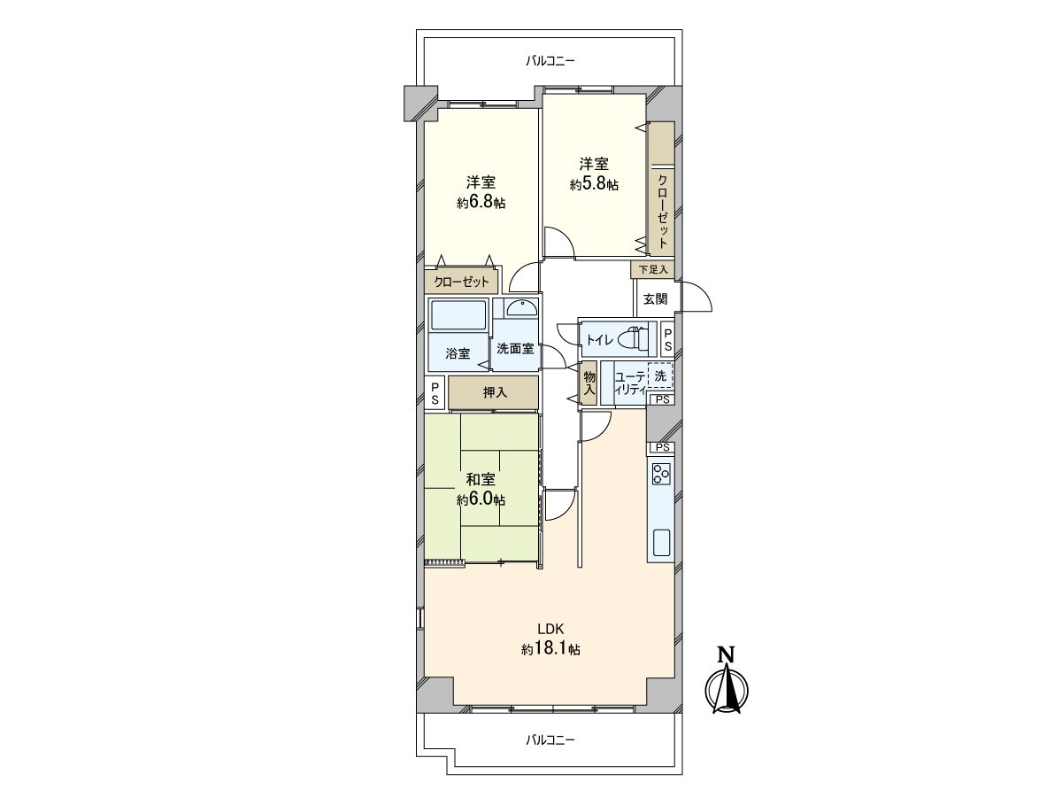 [Floor plan] 3LDK of exclusive area 87.22 square meters.