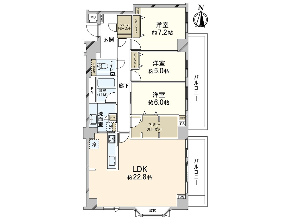約22.8張塌塌米用適合東南的采光亮的LDK和收納充實的西式房間3間。門口鞋櫃以及家務流跡線也便利。提高每天的家務效率。