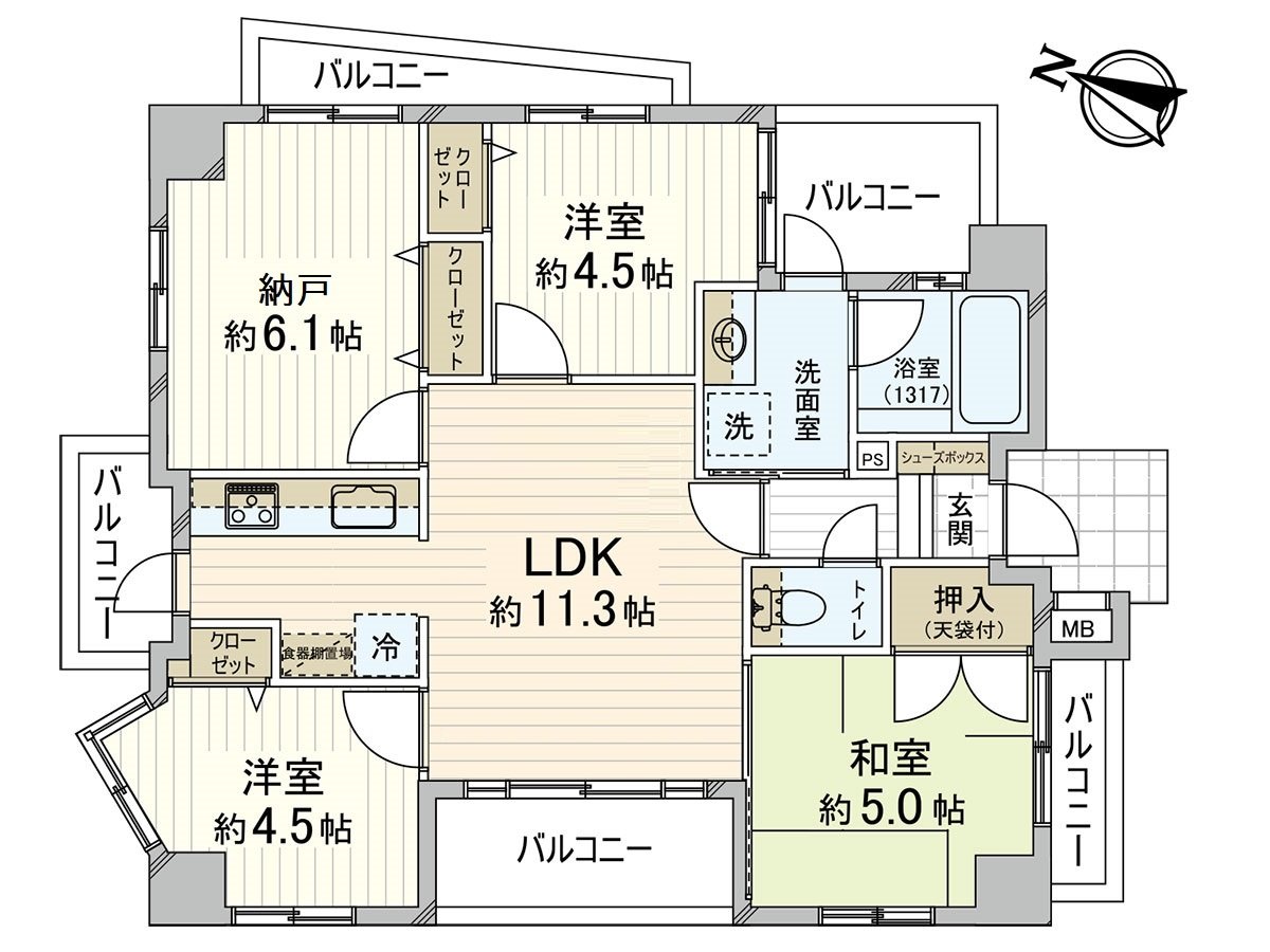 是面向5面陽台的3SLDK的房間。