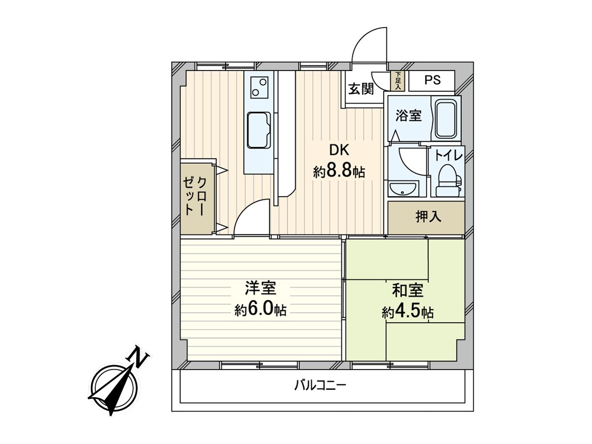 平面圖私人使用面積：38.43平方公尺的2DK