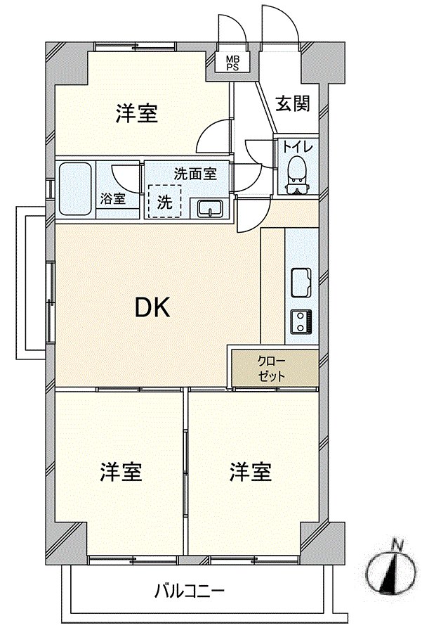 东南、西南边角房的3DK的房型。
